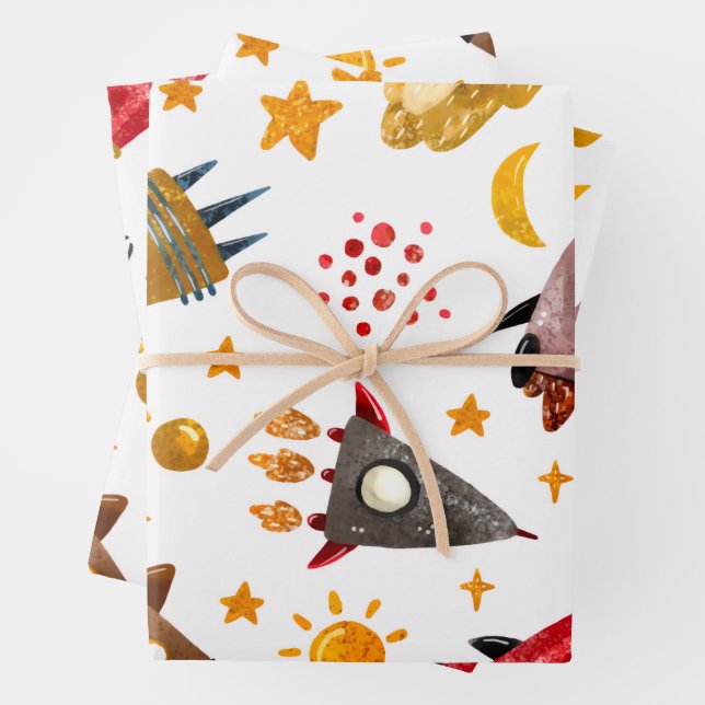 Rockets & Meteors Pattern Wrapping Paper Sheet (In situ)