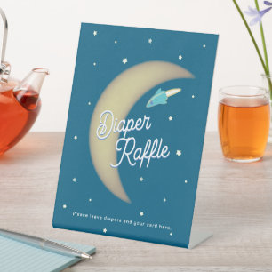 Rockets & Moon Diaper Raffle Teal Pedestal Sign