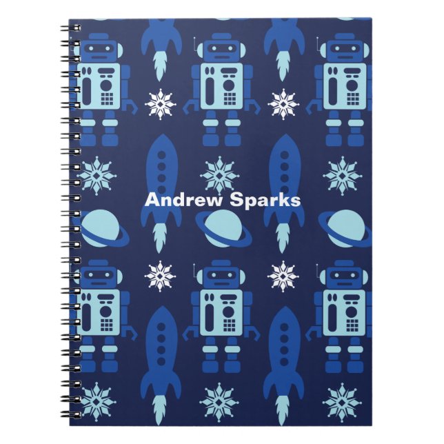 Rockets, Robots, Planets Space Navy Notebook (Front)
