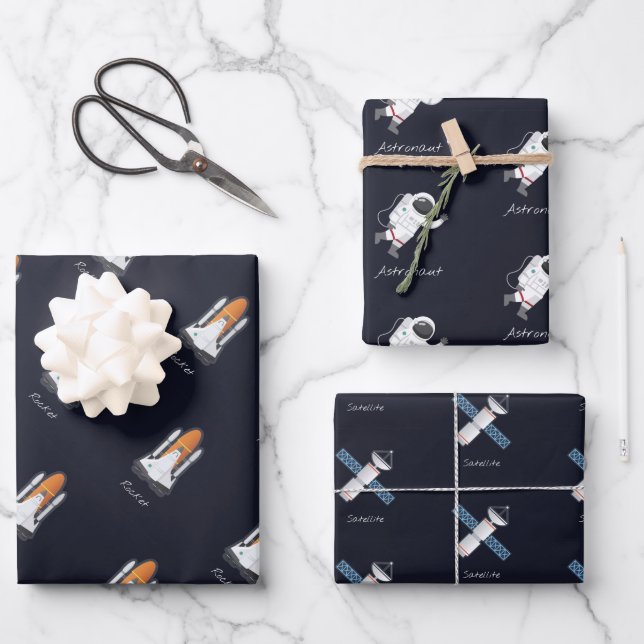 Rockets Solar System Astronaut Satellite 3-Piece Wrapping Paper Sheet (Front)