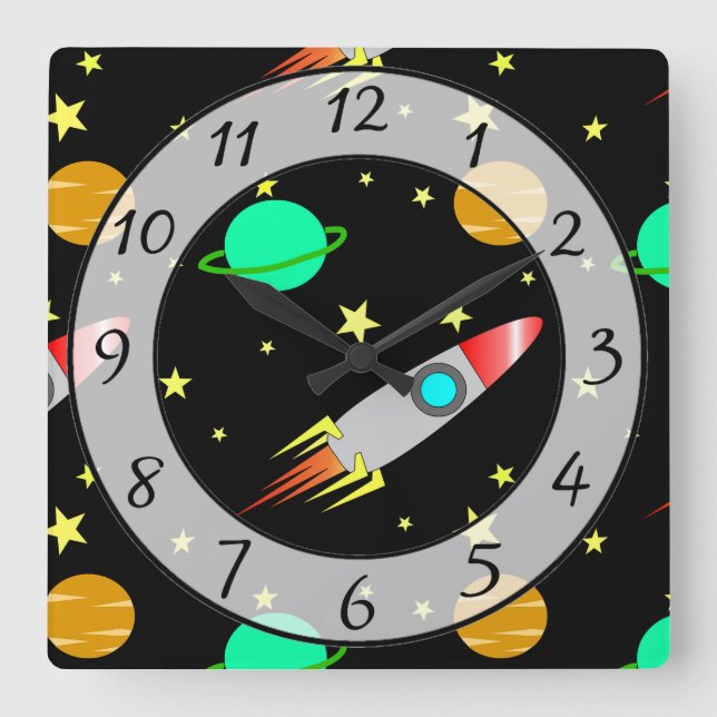 Rockets, Stars and Planets Galaxy Outer Space Square Wall Clock (Front)
