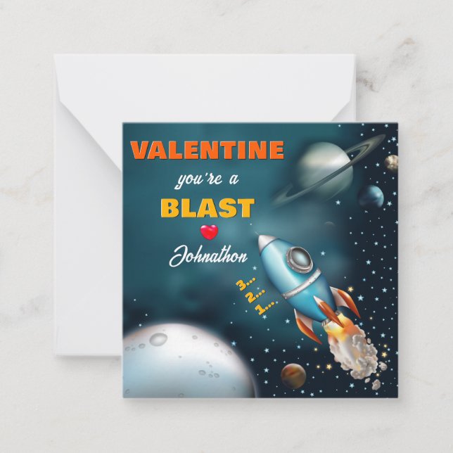 Rocketship Blast Off Kids Classroom Valentine Card (Front)