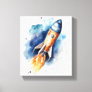 Rocketship Flying Through Stars Watercolor Nursery Canvas Print