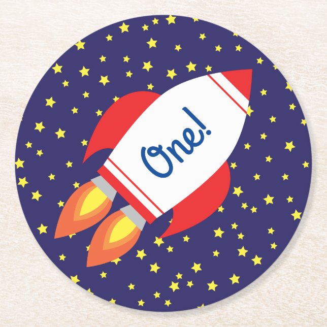 Rocketship Outer Space Cute Kid Birthday Round Paper Coaster (Front)