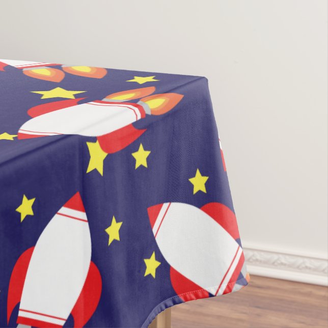 Rocketship Outer Space Cute Kid Birthday Tablecloth (In Situ)