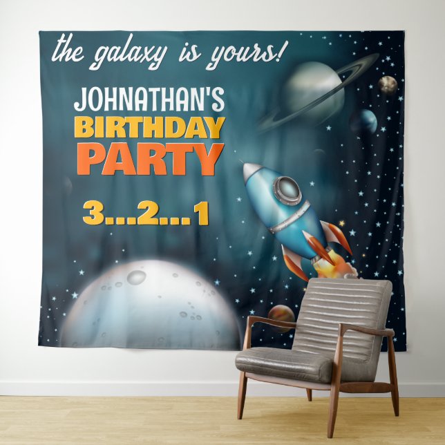 Rocketship Space Adventure Birthday Backdrop Tapestry (In Situ (Horizontal))