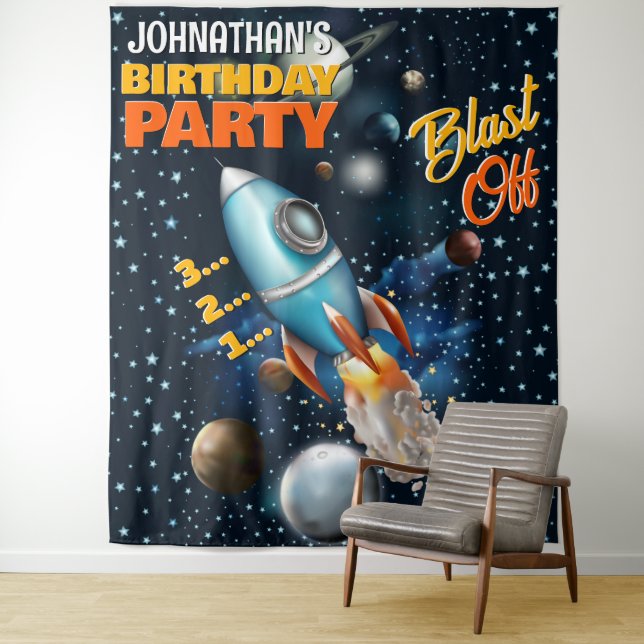 Rocketship Space Adventure Kids Birthday Backdrop Tapestry (In Situ)