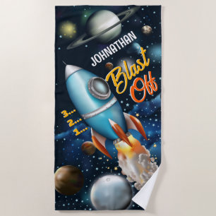 Rocketship Space Adventure Personalise Beach Towel