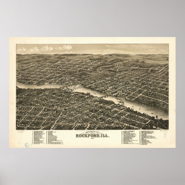 Rockford Illinois 1880 Antique Panoramic Map Poster (Front)