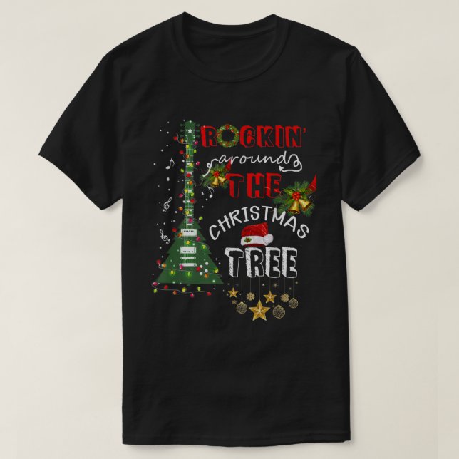 Rockin Around The Christmas Guitar Tree Santa Hat  T-Shirt (Design Front)