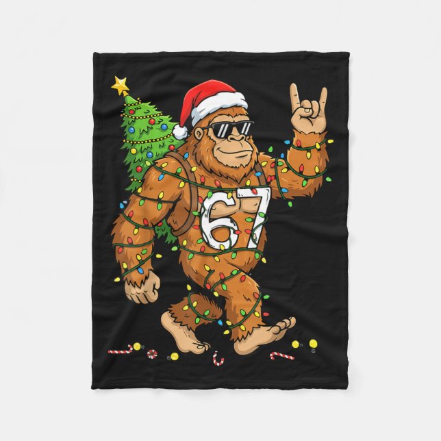 Rockin' Bigfoot Christmas Tree Xmas Lights Funny 6 Fleece Blanket (Front)