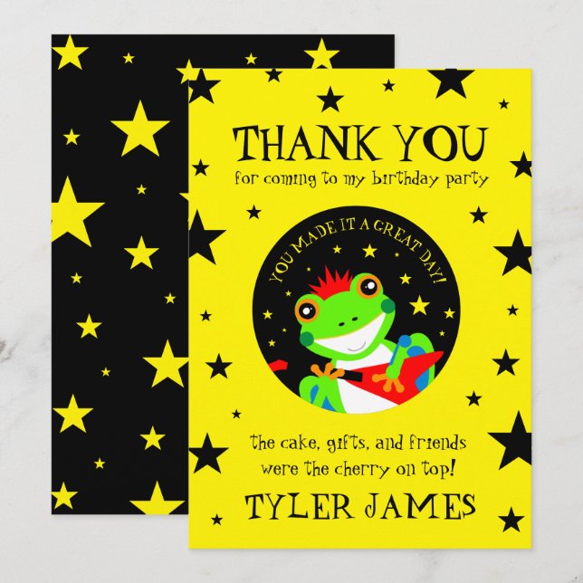 Rockin' Birthday Tree Frog with Red Guitar Thank You Card (Front/Back)
