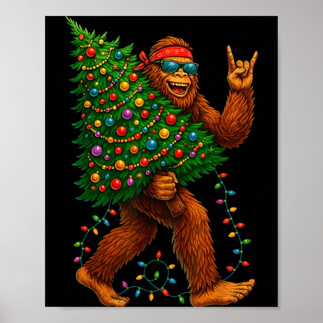 Rockin Christmas Bigfoot Carrying Tree Fun Xmas Ro Poster (Front)