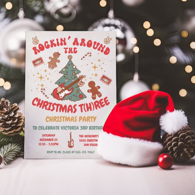 Rockin' Christmas Tree Hippie Birthday 3 party Invitation (Creator Uploaded)
