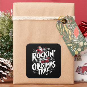 Rockin' Christmas Tree Text Drummer Square Sticker