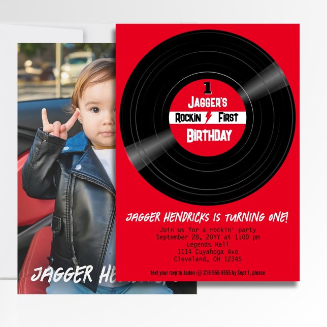 Rockin First Birthday Photo Vinyl Record Red Label Invitation (Rock and Roll 1st birthday vinyl record photo invitation)