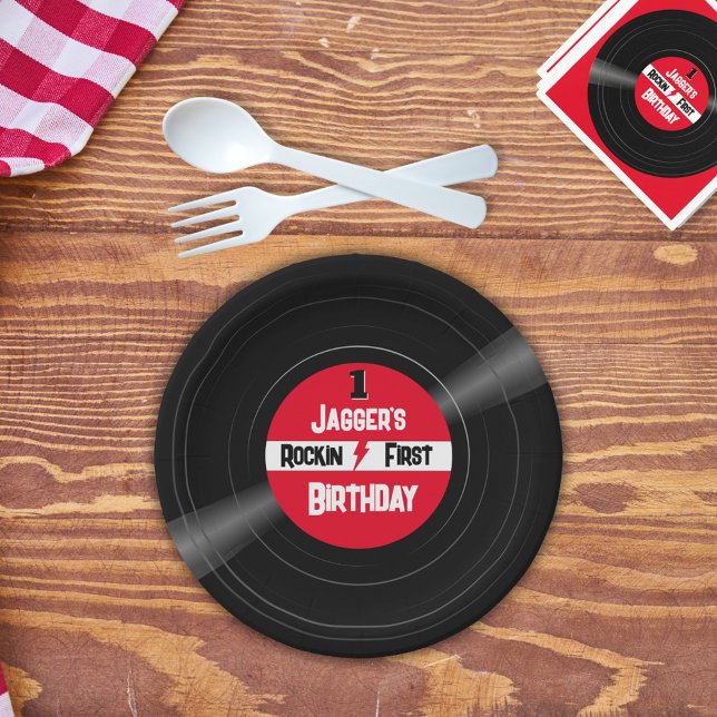 Rockin First Birthday Vinyl Record Red Label Paper Plate (Personalized vinyl record style paper plates for a rockin' first birthday)