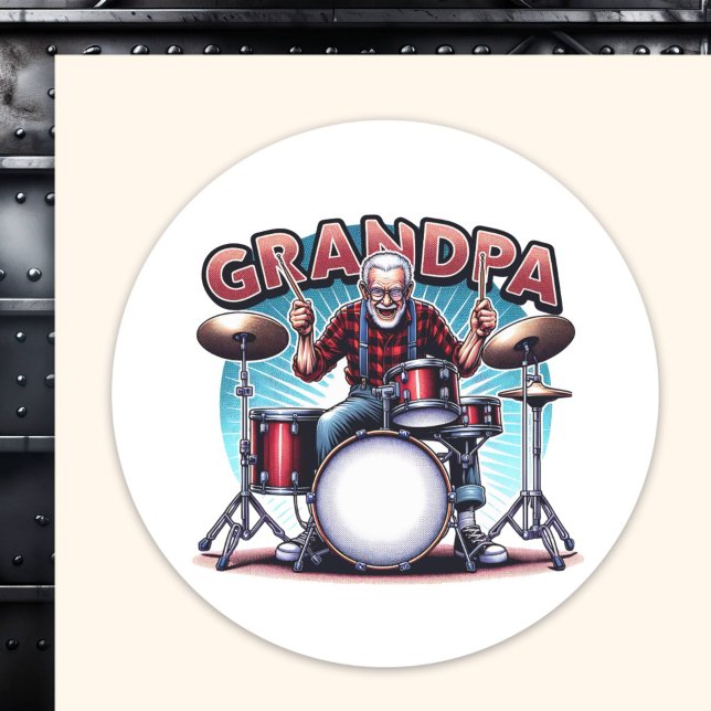 Rockin' Grandpa Playing Drums Classic Round Sticker (Creator Uploaded)