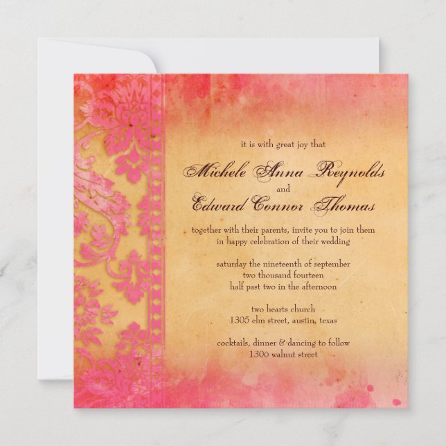 Rockin Pink Grunge Damask Lace Wedding Invitation (Front)