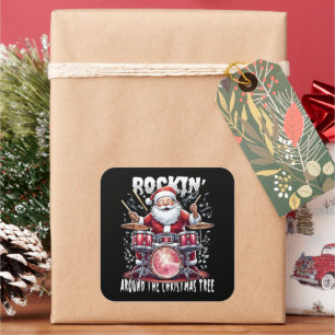 Rockin' Santa Drummer Christmas Tree Square Sticker
