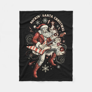 Rockin Santa Playing Guitar Funny Christmas Retro Fleece Blanket