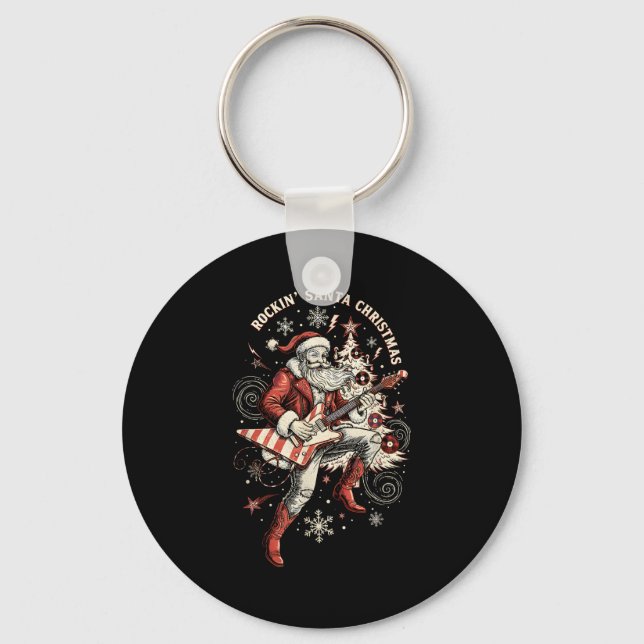 Rockin Santa Playing Guitar Funny Christmas Retro  Key Ring (Front)