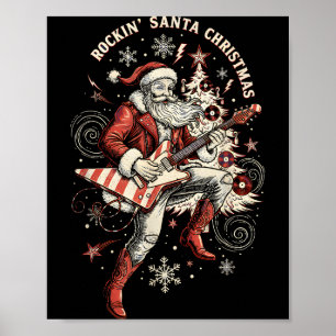 Rockin Santa Playing Guitar Funny Christmas Retro  Poster