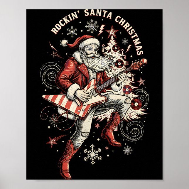 Rockin Santa Playing Guitar Funny Christmas Retro  Poster (Front)
