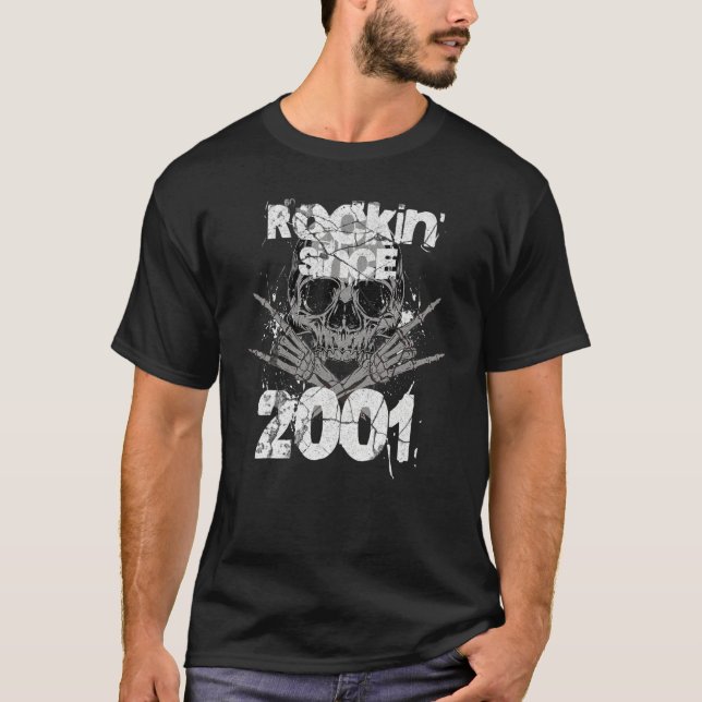 Rockin Since 2001 Grunge Skull Rock Hands Birthday T-Shirt (Front)