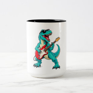 Rockin’ T-Rex Dinosaur with Sunglasses and Red Ele Two-Tone Coffee Mug