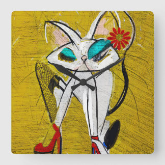 Rockin the Daisy Dukes: Mid Century Modern cat art Square Wall Clock
