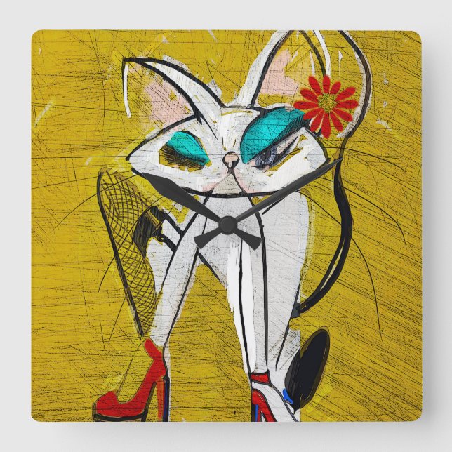 Rockin the Daisy Dukes: Mid Century Modern cat art Square Wall Clock (Front)