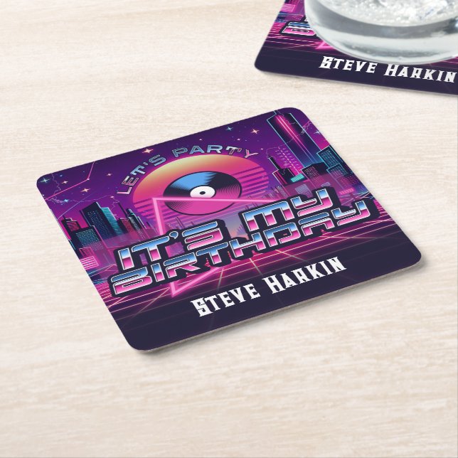 Rockin Vaporwave Party Square Paper Coaster (Angled)