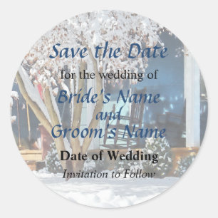 Rocking Chair on Porch in Winter Save the Date Classic Round Sticker