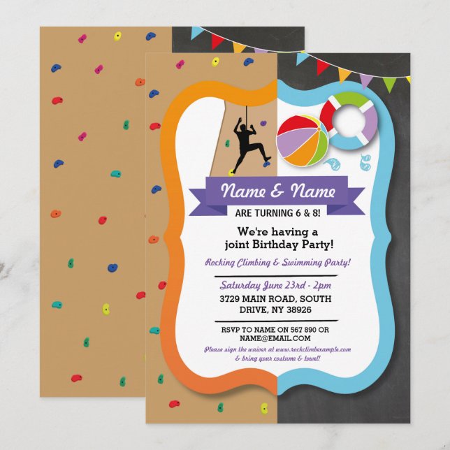 Rocking Climbing & Swimming Boy Girl Birthday Invitation (Front/Back)