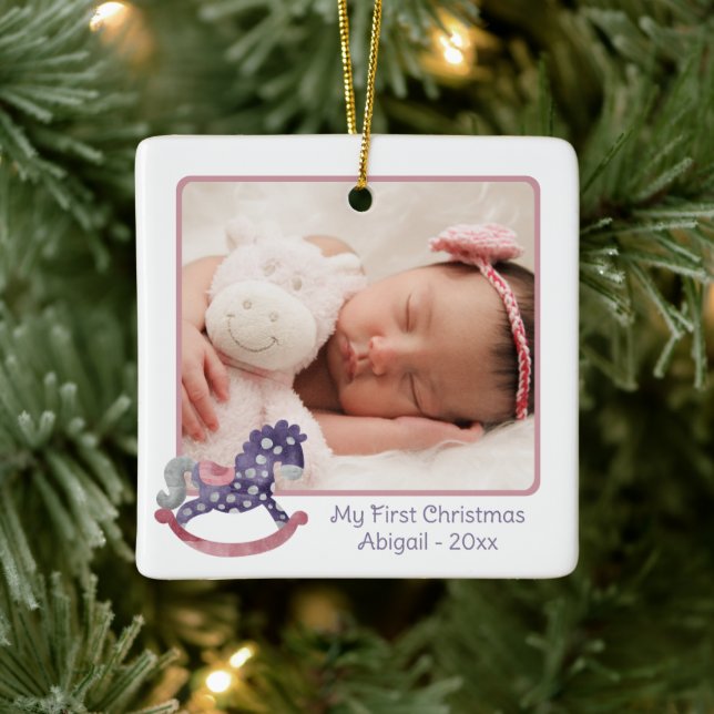 Rocking Horse 2 Photo My 1st Christmas Baby Girl Ceramic Ornament (Tree)