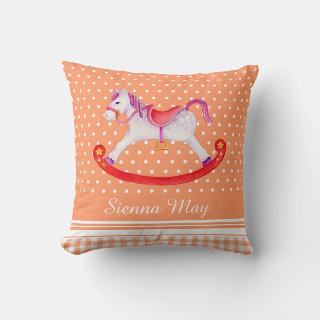Rocking horse art orange peach name kids pillow (Front)