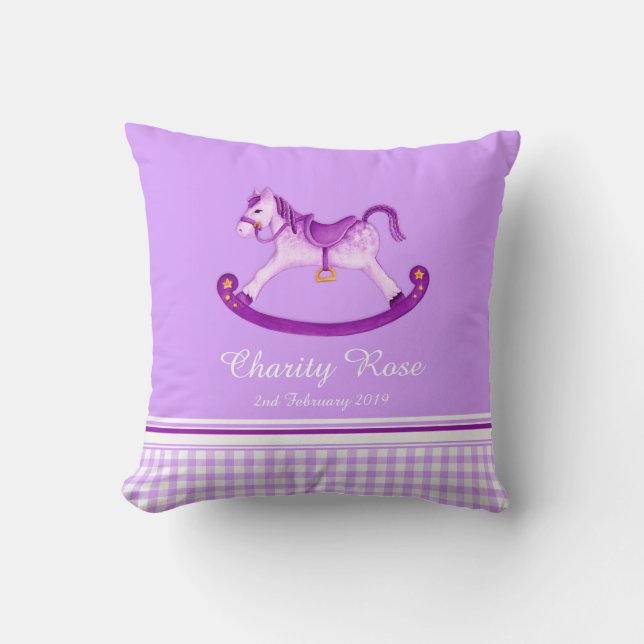 Rocking horse art purple name baby birth pillow (Front)
