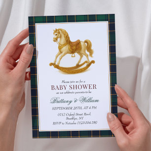 Rocking Horse Baby Shower Elegant Tartan Plaid Invitation
