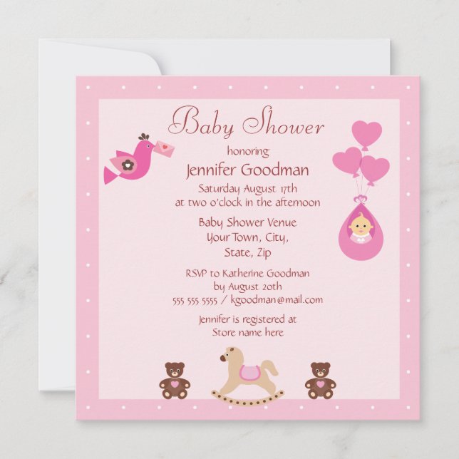Rocking Horse & Bears Pink Baby Shower Invitation (Front)