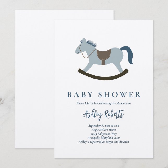 Rocking Horse Blue Baby Shower Invitation (Front/Back)