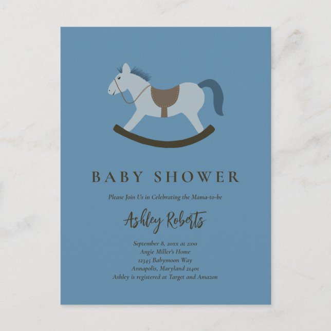 Rocking Horse Blue Baby Shower Invitation Postcard (Front)