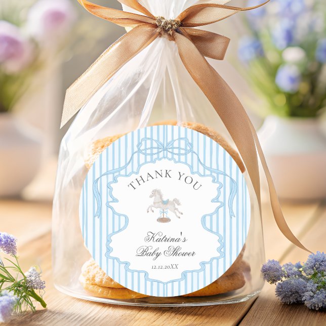 Rocking Horse Blue Bow Baby Shower Thank you Classic Round Sticker (Creator Uploaded)