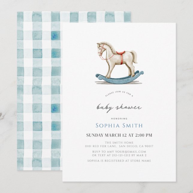 Rocking Horse Blue Boy Baby Shower Invitation (Front/Back)