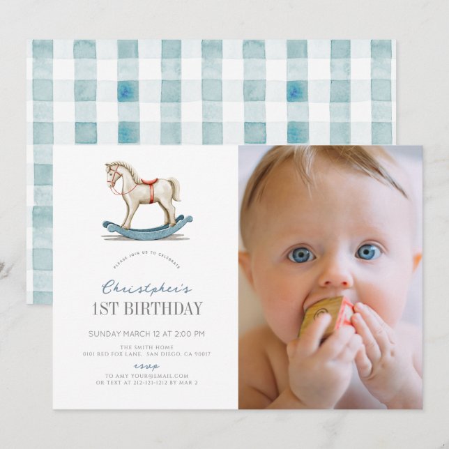 Rocking Horse Blue Boy Photo 1st Birthday Invitation (Front/Back)