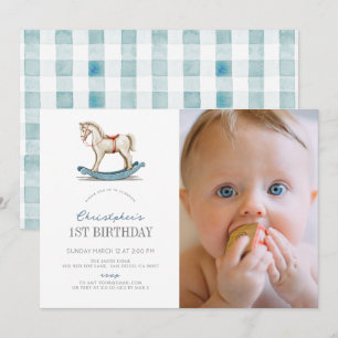 Rocking Horse Blue Boy Photo 1st Birthday Invitation