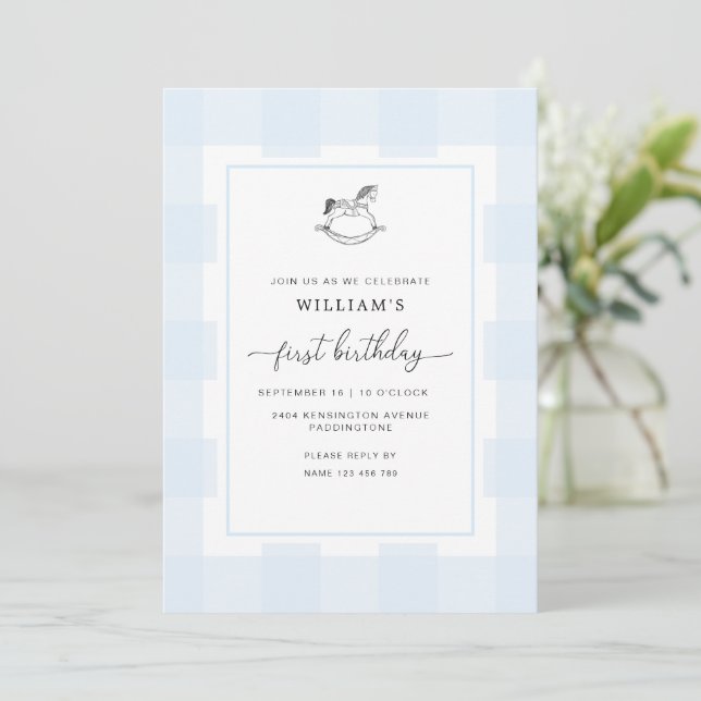 Rocking Horse Blue Gingham 1st Birthday Invitation (Standing Front)