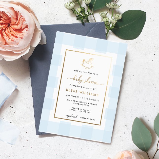 Rocking Horse Blue Gingham Baby Shower Foil Invite (Creator Uploaded)