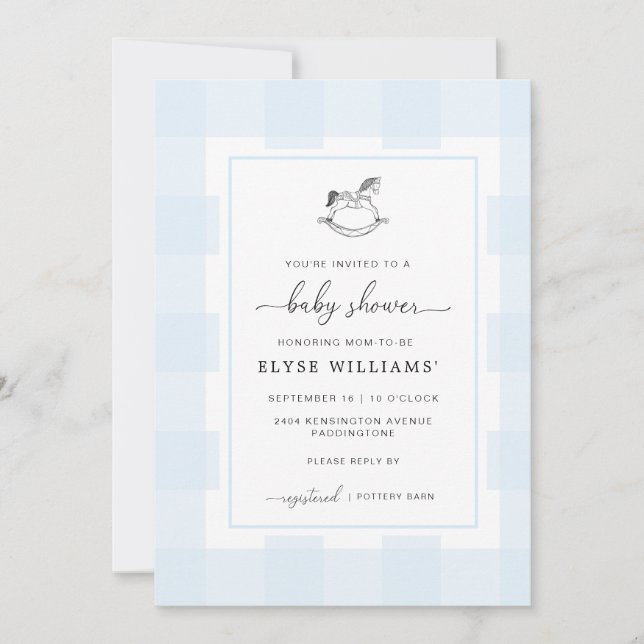 Rocking Horse Blue Gingham Baby Shower Invitation (Front)