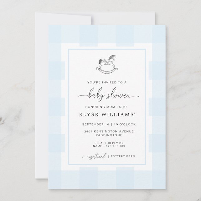 Rocking Horse Blue Gingham Baby Shower Invitation (Front)